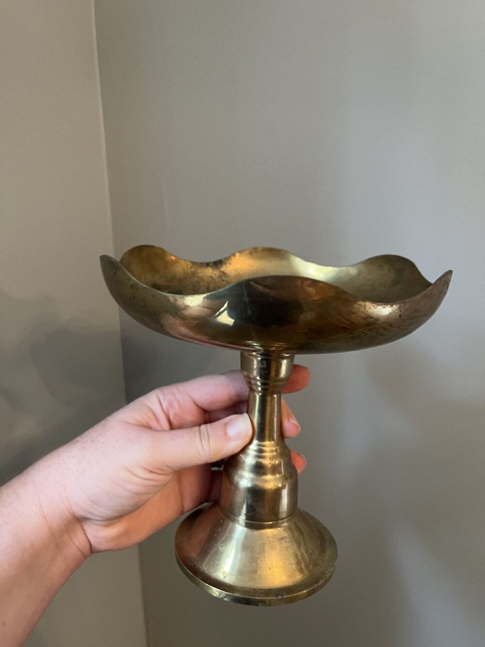 Vintage Solid Brass Scalloped Pedestal Dish | Brass Candy Dish, Candle Pedestal,